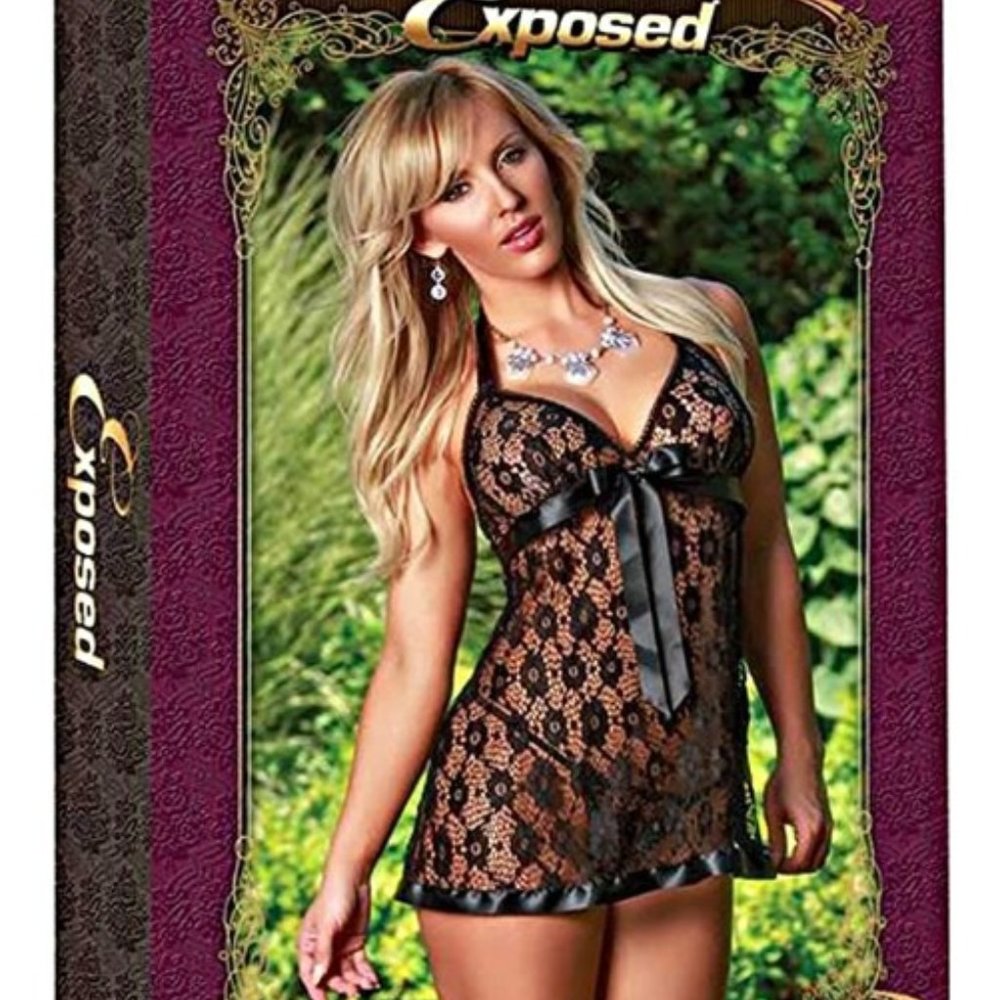 Magic Silk Exposed Baby Doll and G-String Set Small / Medium S /M Black Lace